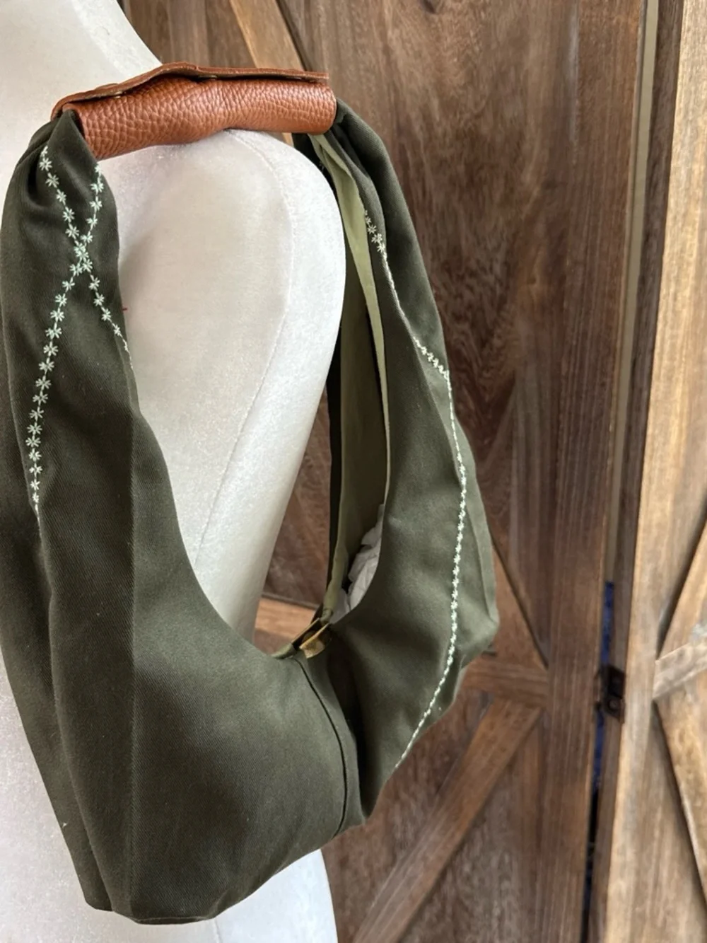 Olive Green Shoulder Hobo Bag with Brown Leather Accent